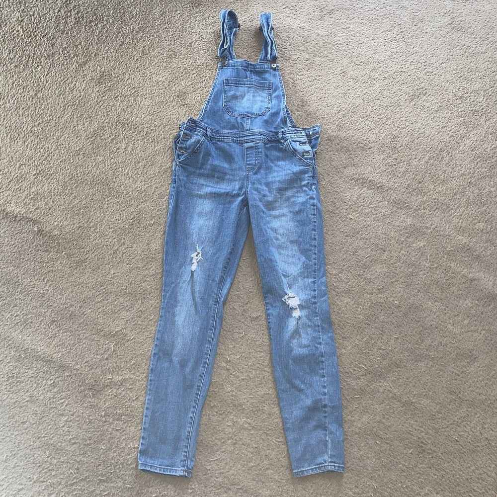 Vanilla Star Womens Denim Overalls Sz M Tapered Leg Distressed Stretch
